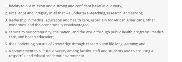 Core values of Howard University College of Medicine